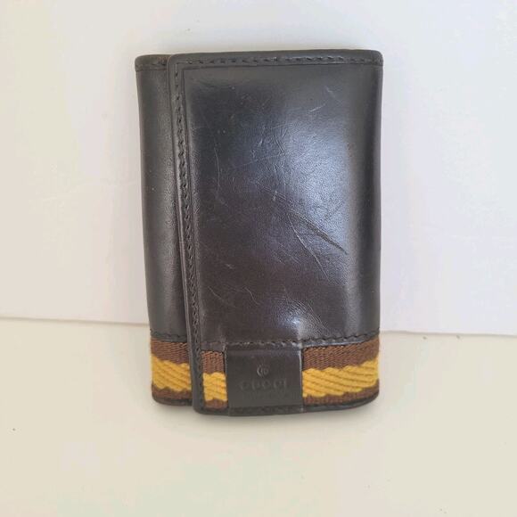 GUCCI GG Logo 6 Key Holder Wallet Case Leather Small Unisex Brown Trifold - Picture 1 of 9